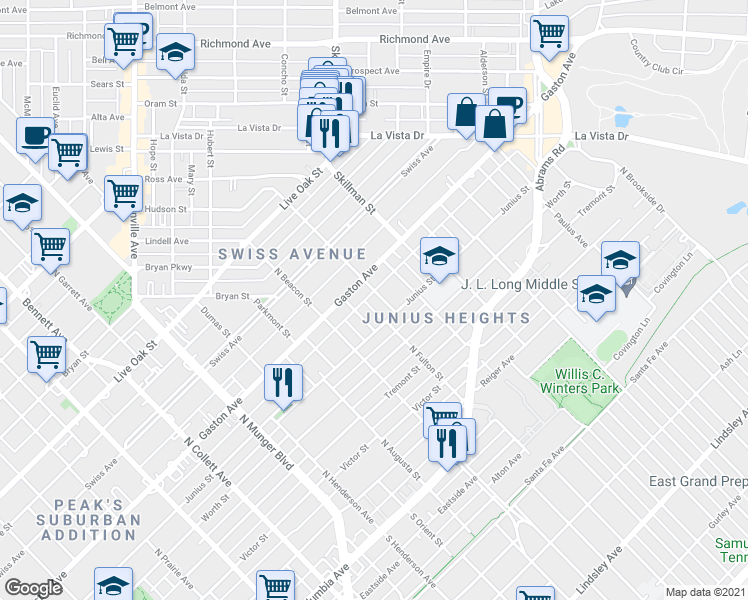map of restaurants, bars, coffee shops, grocery stores, and more near 726 Huntley Street in Dallas