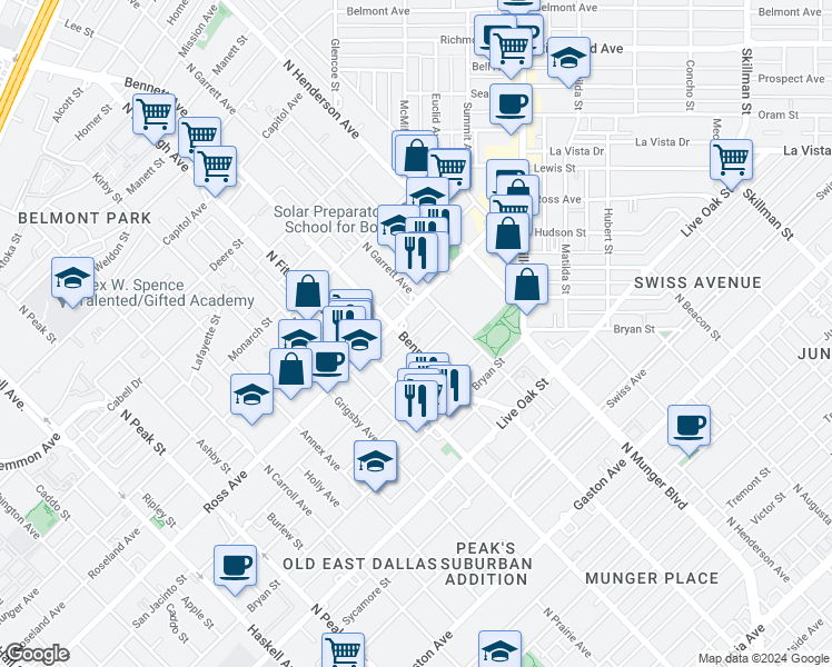map of restaurants, bars, coffee shops, grocery stores, and more near 5005 San Jacinto Street in Dallas