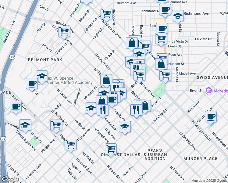 map of restaurants, bars, coffee shops, grocery stores, and more near 1719 North Fitzhugh Avenue in Dallas