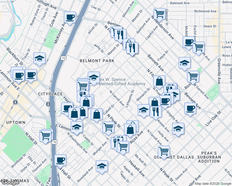 map of restaurants, bars, coffee shops, grocery stores, and more near 2218 North Carroll Avenue in Dallas
