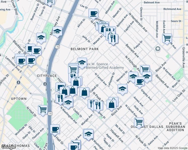 map of restaurants, bars, coffee shops, grocery stores, and more near 4407 Deere Street in Dallas