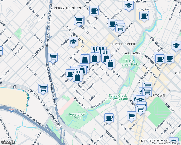 map of restaurants, bars, coffee shops, grocery stores, and more near 2807 Welborn Street in Dallas