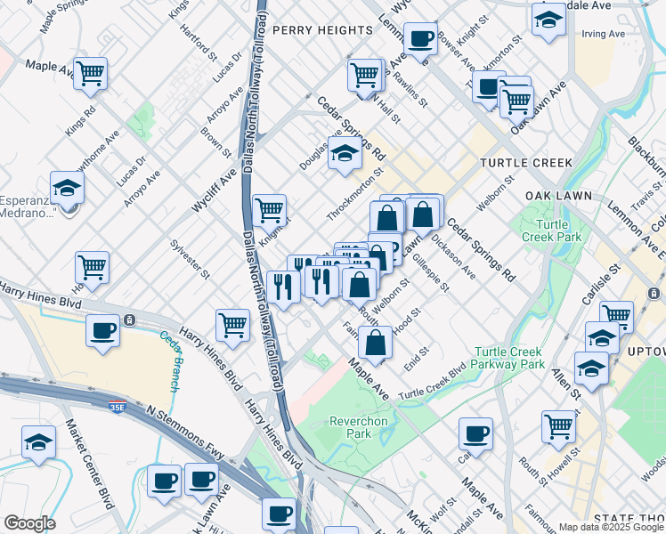 map of restaurants, bars, coffee shops, grocery stores, and more near 2626 Reagan Street in Dallas