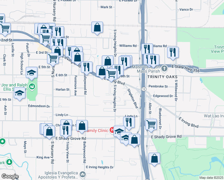 map of restaurants, bars, coffee shops, grocery stores, and more near 702 South Irving Heights Drive in Irving