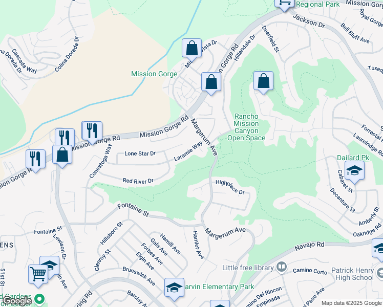 map of restaurants, bars, coffee shops, grocery stores, and more near 5865 Laramie Way in San Diego