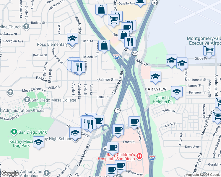 map of restaurants, bars, coffee shops, grocery stores, and more near 7890 Linda Vista Road in San Diego