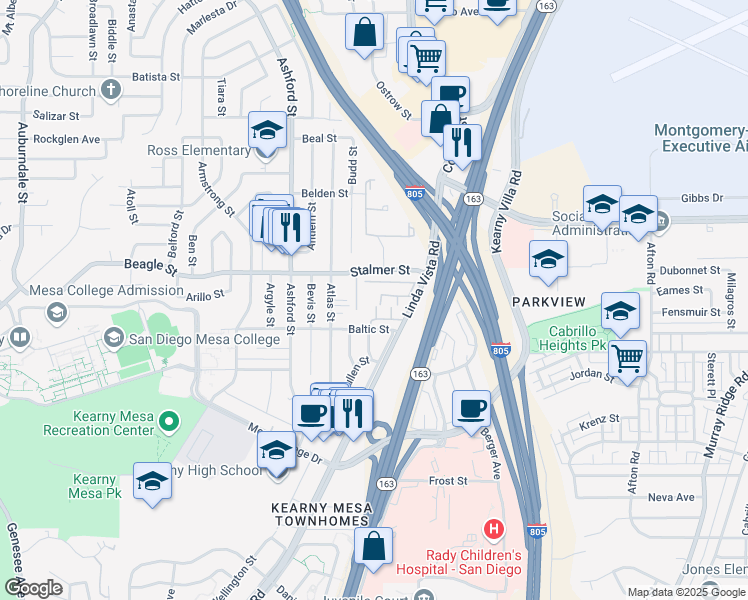 map of restaurants, bars, coffee shops, grocery stores, and more near 8036 Linda Vista Road in San Diego