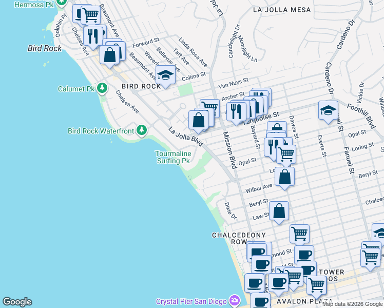 map of restaurants, bars, coffee shops, grocery stores, and more near 5169 Chelsea Street in San Diego