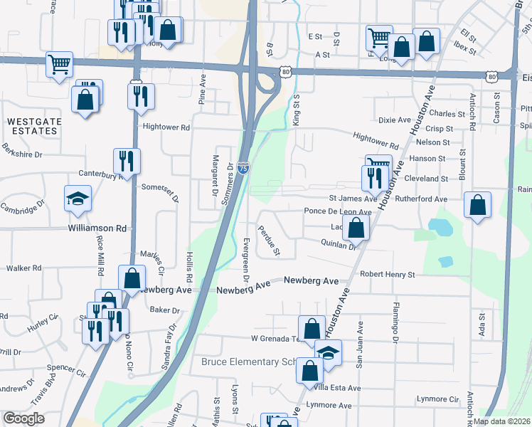 map of restaurants, bars, coffee shops, grocery stores, and more near 980 South Ponce De Leon Circle in Macon