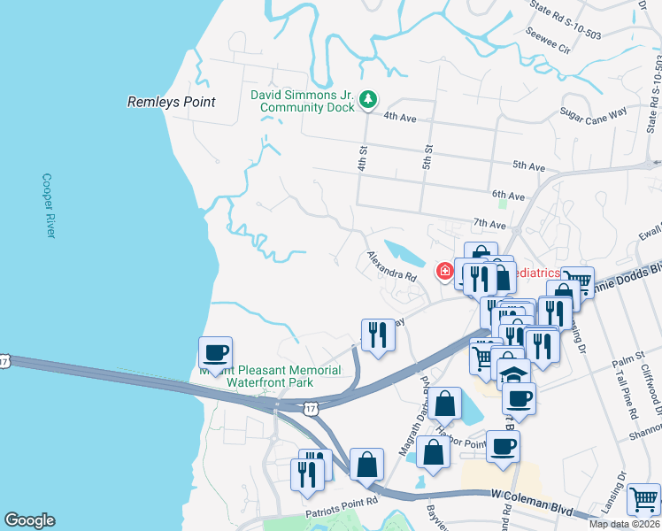map of restaurants, bars, coffee shops, grocery stores, and more near 840 Bridge Point Circle in Mount Pleasant