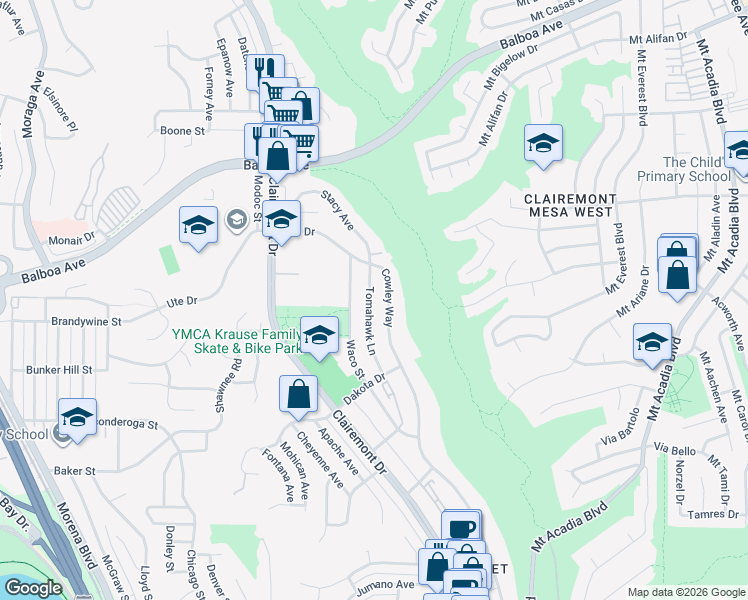 map of restaurants, bars, coffee shops, grocery stores, and more near 3635 Tomahawk Lane in San Diego