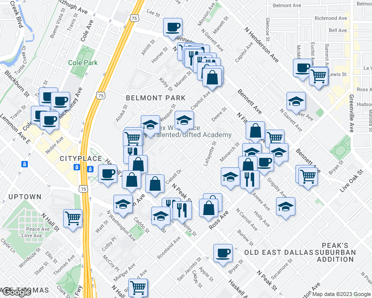 map of restaurants, bars, coffee shops, grocery stores, and more near 2218 North Carroll Avenue in Dallas