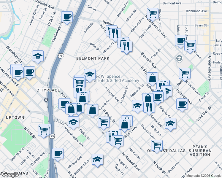 map of restaurants, bars, coffee shops, grocery stores, and more near 4522 Deere Street in Dallas