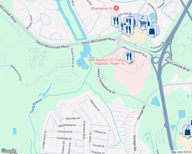 map of restaurants, bars, coffee shops, grocery stores, and more near 2317 Watchtower Lane in Charleston