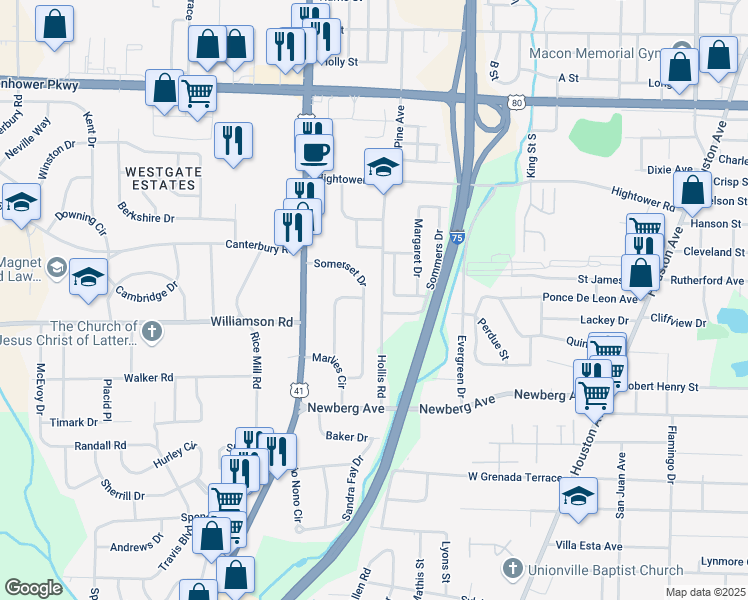 map of restaurants, bars, coffee shops, grocery stores, and more near 1085-1099 Wilson Street in Macon