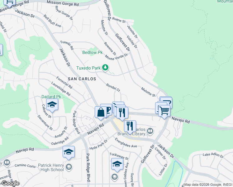 map of restaurants, bars, coffee shops, grocery stores, and more near 7280 Rondel Court in San Diego