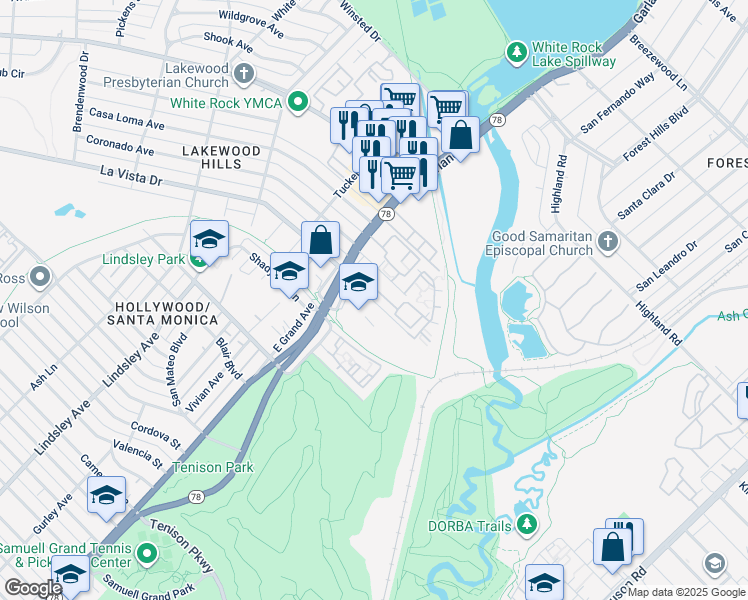 map of restaurants, bars, coffee shops, grocery stores, and more near 7421 La Vista Drive in Dallas