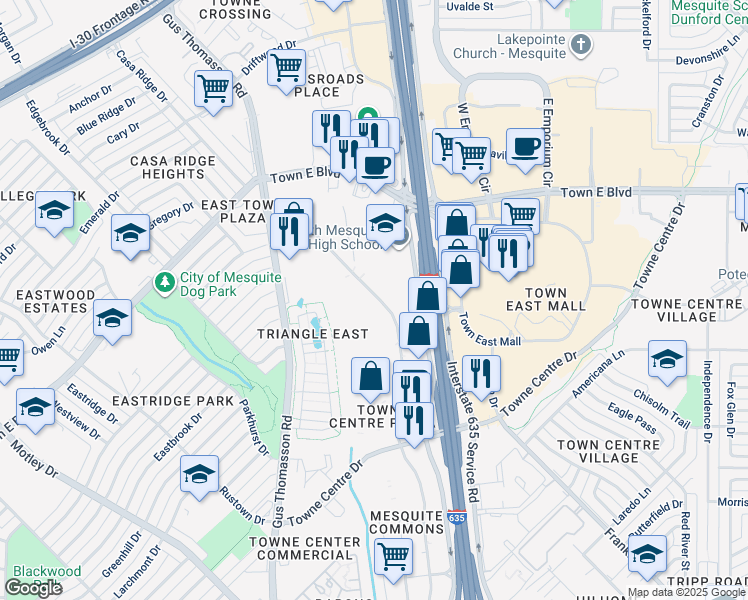 map of restaurants, bars, coffee shops, grocery stores, and more near 3301 North Mesquite Drive in Mesquite
