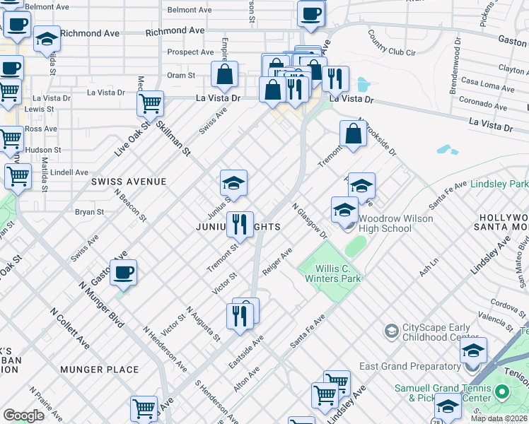 map of restaurants, bars, coffee shops, grocery stores, and more near 1510 Abrams Road in Dallas