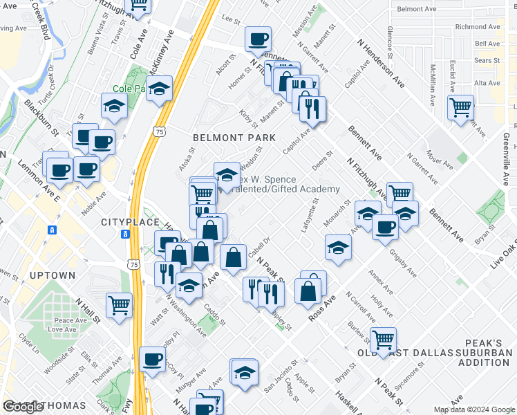 map of restaurants, bars, coffee shops, grocery stores, and more near 2315 North Carroll Avenue in Dallas
