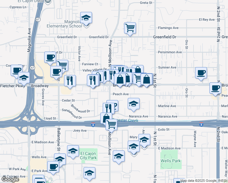 map of restaurants, bars, coffee shops, grocery stores, and more near 815 Mollison in El Cajon