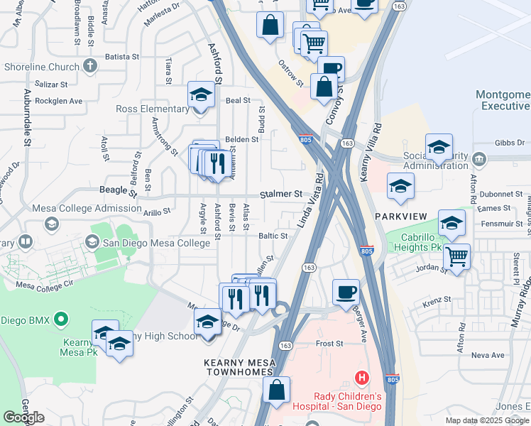 map of restaurants, bars, coffee shops, grocery stores, and more near 7695 Stalmer Street in San Diego