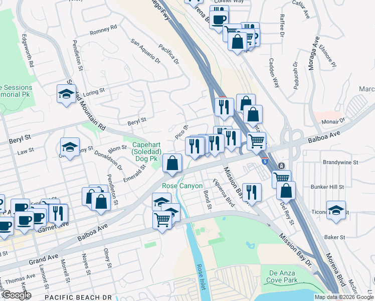 map of restaurants, bars, coffee shops, grocery stores, and more near 114 Pico Place in San Diego