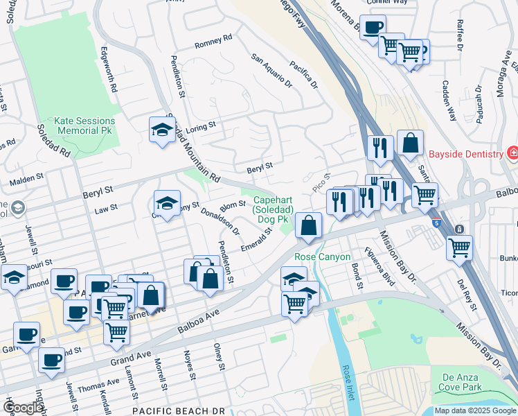 map of restaurants, bars, coffee shops, grocery stores, and more near 2435 Blom Street in San Diego