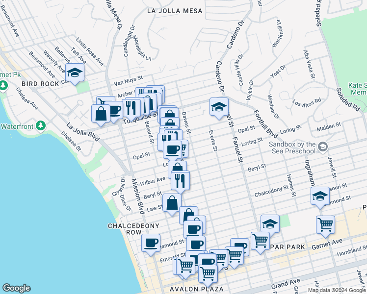 map of restaurants, bars, coffee shops, grocery stores, and more near 1052 Loring Street in San Diego