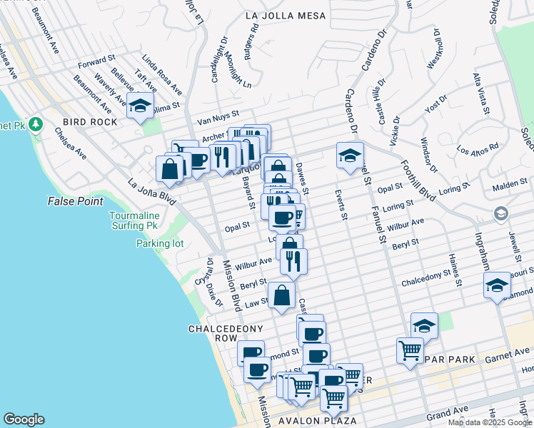 map of restaurants, bars, coffee shops, grocery stores, and more near 5026 Cass Street in San Diego