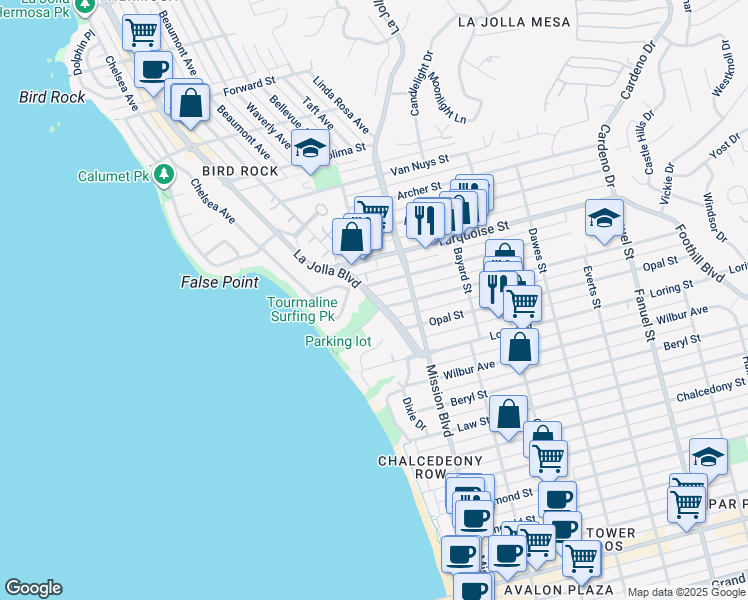 map of restaurants, bars, coffee shops, grocery stores, and more near 5130 La Jolla Boulevard in San Diego