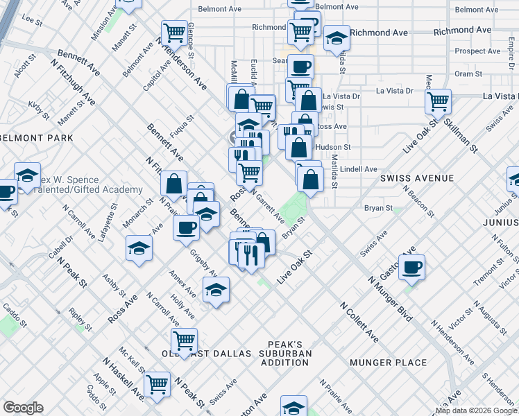 map of restaurants, bars, coffee shops, grocery stores, and more near 1503 North Garrett Avenue in Dallas
