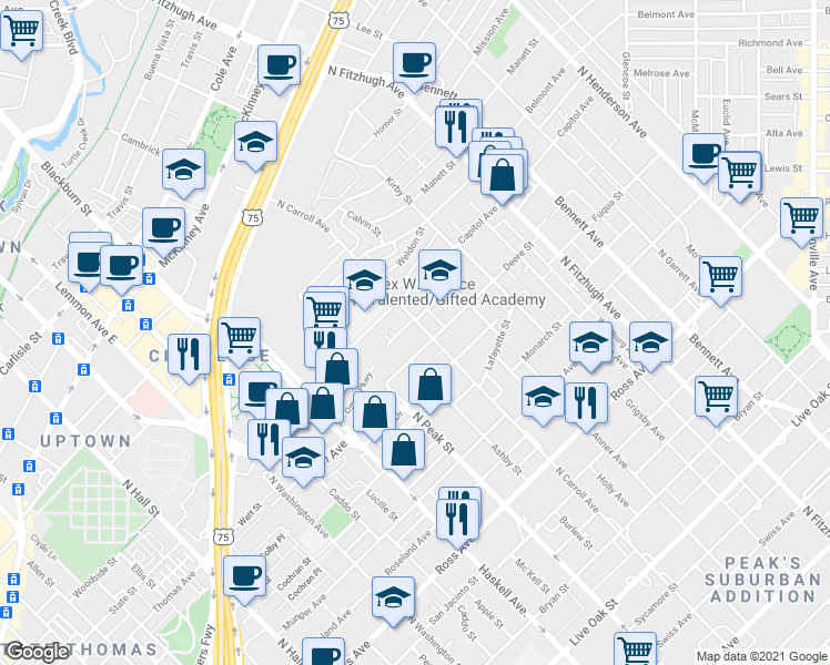 map of restaurants, bars, coffee shops, grocery stores, and more near 4407 Deere Street in Dallas