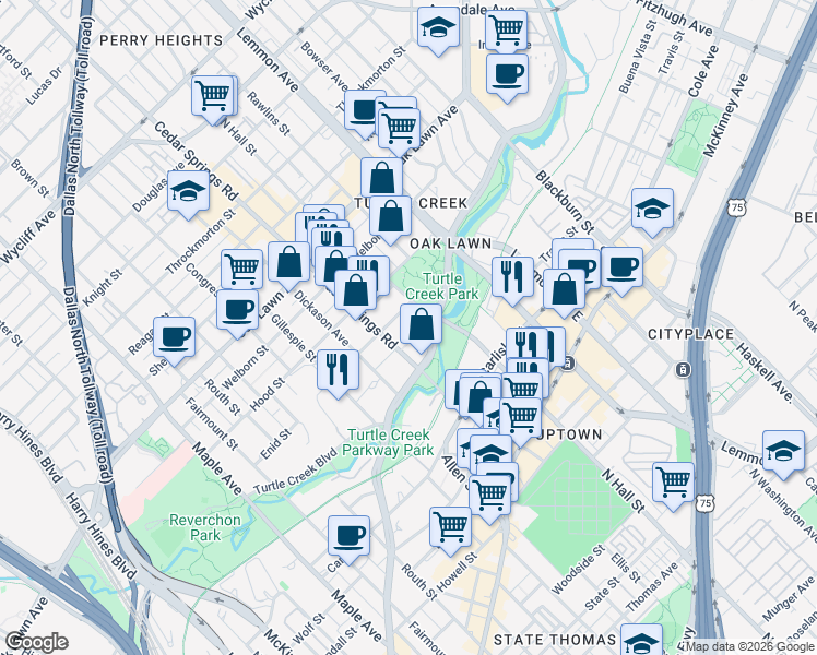 map of restaurants, bars, coffee shops, grocery stores, and more near 3225 Turtle Creek Boulevard in Dallas
