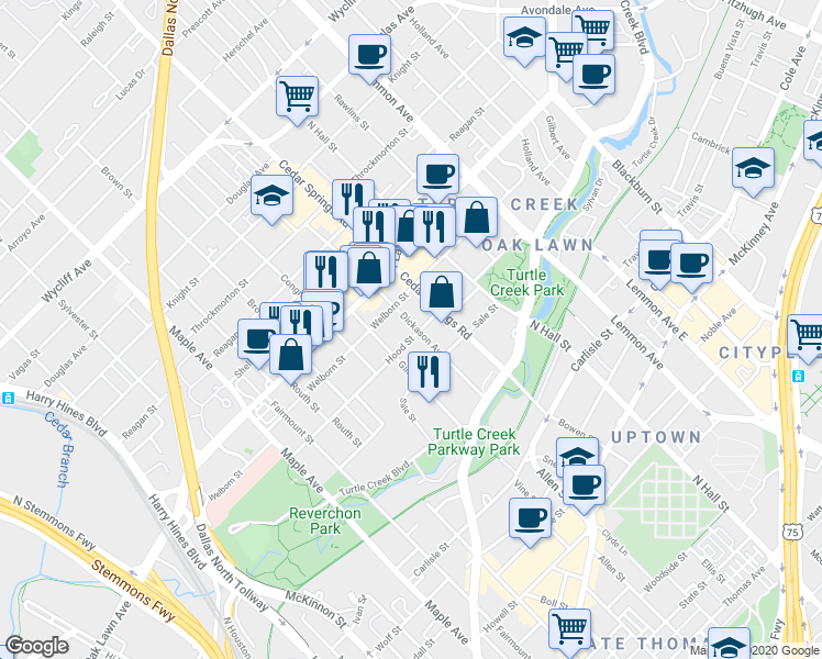 map of restaurants, bars, coffee shops, grocery stores, and more near 3610 Gillespie Street in Dallas