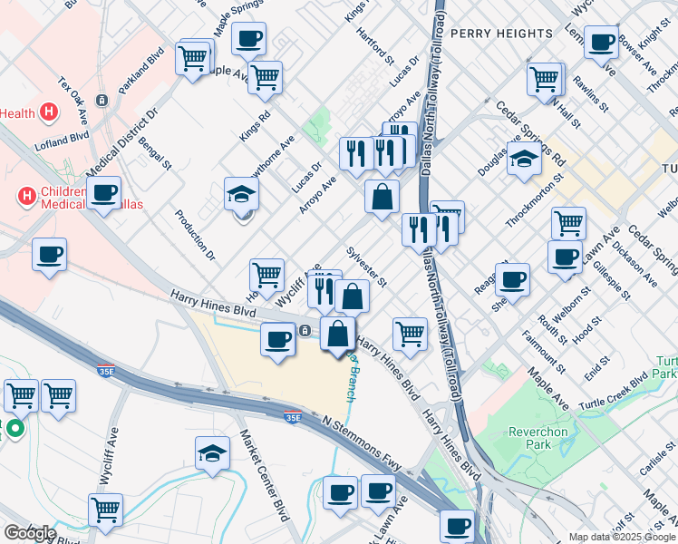 map of restaurants, bars, coffee shops, grocery stores, and more near 2322 Vagas Street in Dallas