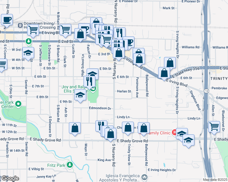 map of restaurants, bars, coffee shops, grocery stores, and more near 1002 Harlan Street in Irving