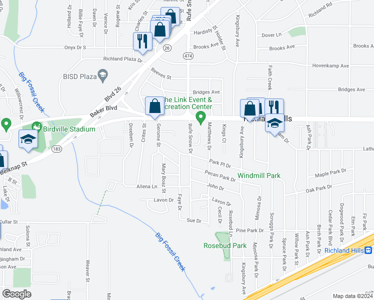 map of restaurants, bars, coffee shops, grocery stores, and more near 3112 Faye Drive in Richland Hills