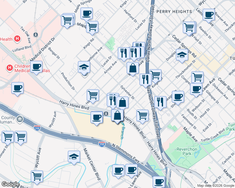 map of restaurants, bars, coffee shops, grocery stores, and more near 2322 Vagas Street in Dallas