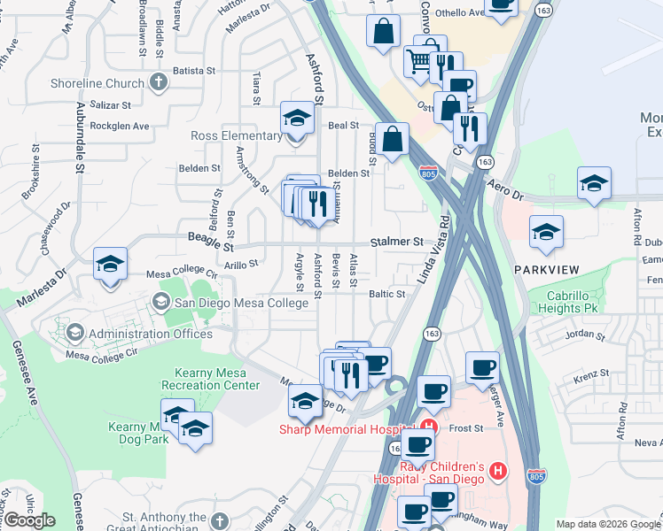 map of restaurants, bars, coffee shops, grocery stores, and more near 3427 Bevis Street in San Diego