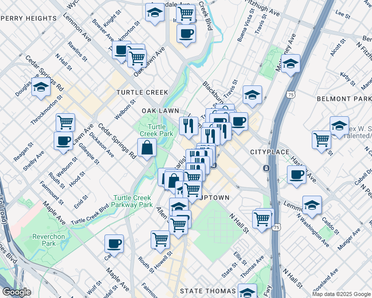 map of restaurants, bars, coffee shops, grocery stores, and more near 3223 Lemmon Avenue in Dallas