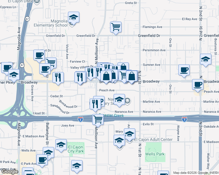 map of restaurants, bars, coffee shops, grocery stores, and more near 978 Peach Avenue in El Cajon
