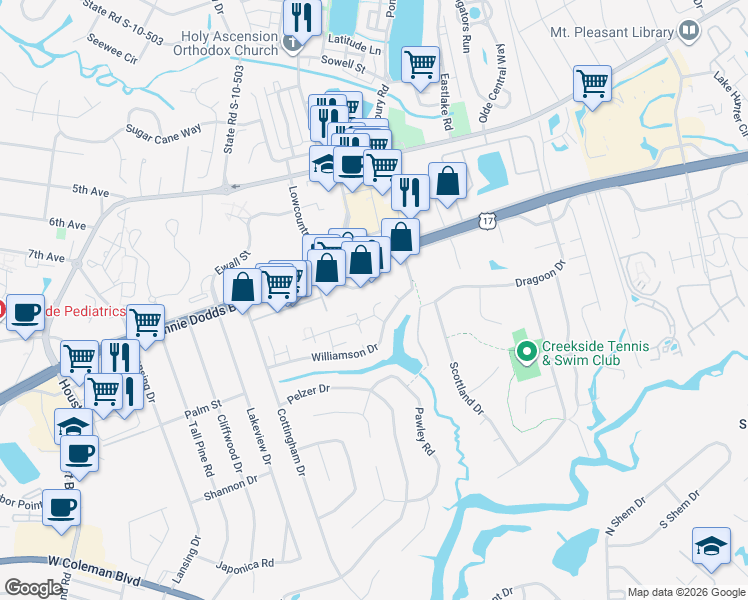 map of restaurants, bars, coffee shops, grocery stores, and more near 910 Beresford Court in Mount Pleasant