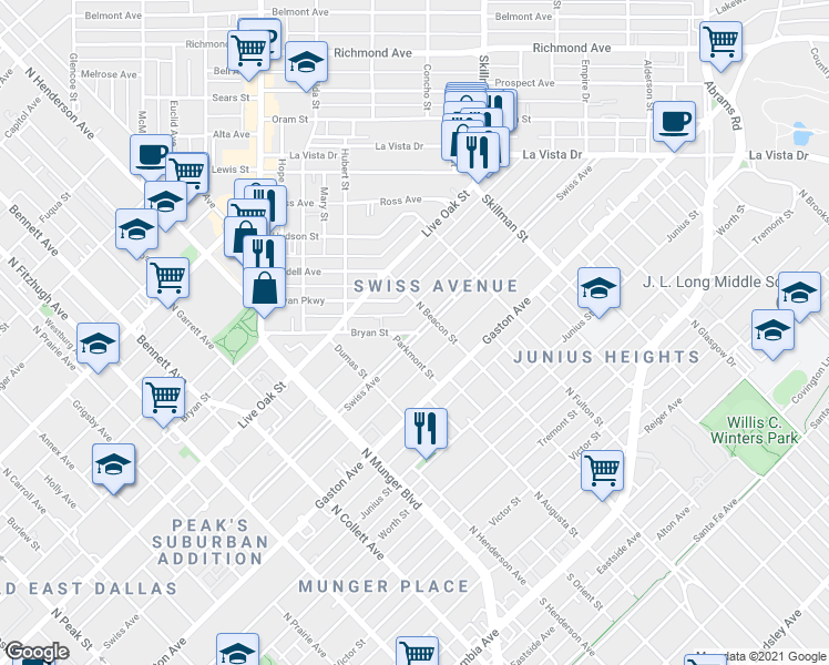 map of restaurants, bars, coffee shops, grocery stores, and more near 5616 Bryan Street in Dallas