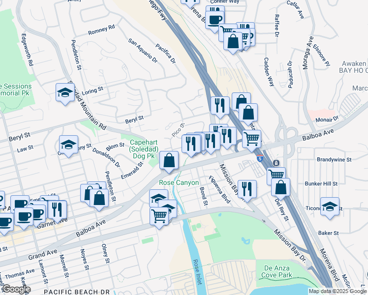 map of restaurants, bars, coffee shops, grocery stores, and more near 2605 Pico Place in San Diego