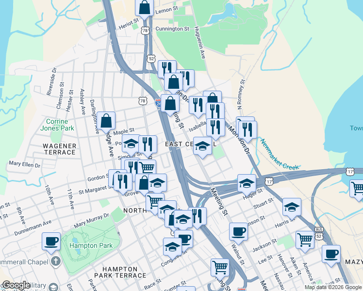 map of restaurants, bars, coffee shops, grocery stores, and more near 99 Romney Street in Charleston