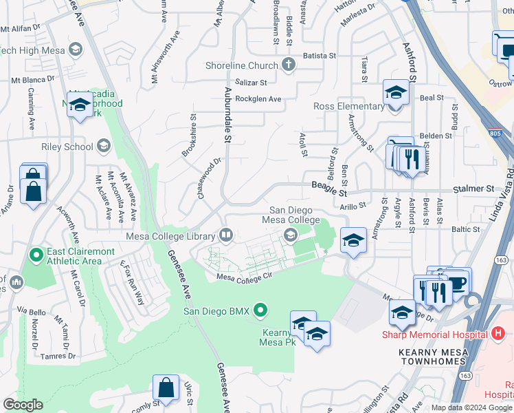 map of restaurants, bars, coffee shops, grocery stores, and more near 6967 Beagle Street in San Diego