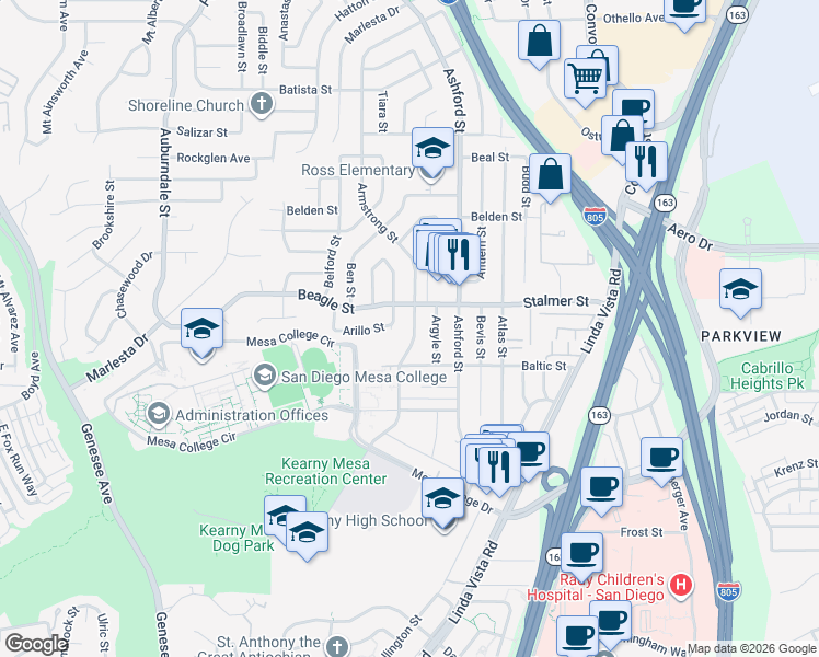 map of restaurants, bars, coffee shops, grocery stores, and more near 3436 Armstrong Street in San Diego