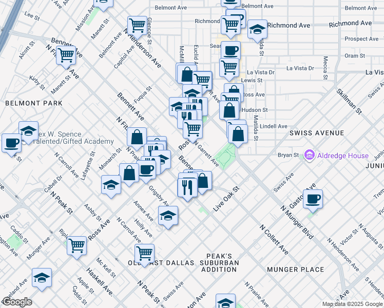 map of restaurants, bars, coffee shops, grocery stores, and more near 5005 San Jacinto Street in Dallas
