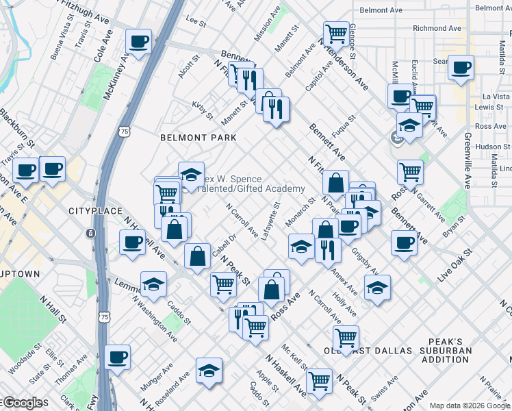 map of restaurants, bars, coffee shops, grocery stores, and more near 2236 Aarhus Way in Dallas